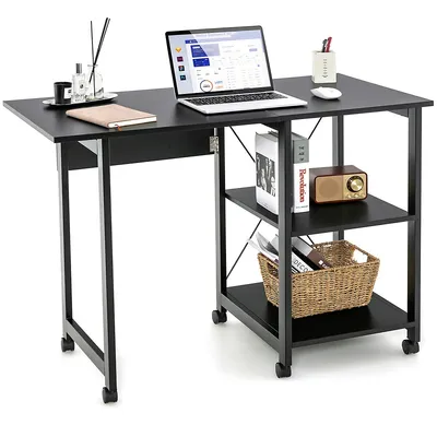 Rolling Computer Desk Folding Writing Office Desk Storage Shelves Black