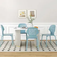 Metal Dining Chair Set Of 4 Armless Kitchen Hollowed Backrest & Metal Legs Blue/white