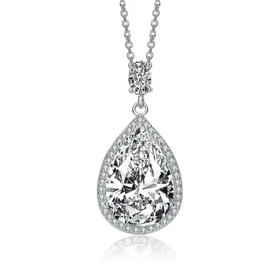 Sterling Silver With White Gold Plating With Oval And Round Cubic Zirconia Accent Pendant Necklace