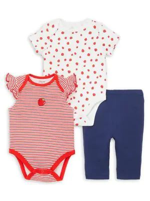 Baby Girl's 3-Piece Striped & Strawberry-Print Cotton Bodysuits & Pants Set
