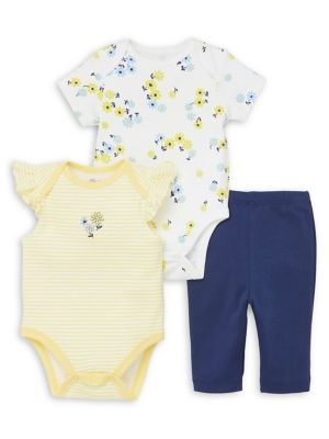 Baby Girl's 3-Piece Striped & Floral-Printed Cotton Bodysuits & Pants Set