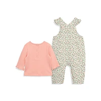 Little Girl's 2-Piece Top & Ditsy Floral Overall Set