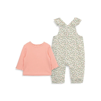 Little Girl's 2-Piece Top & Ditsy Floral Overall Set