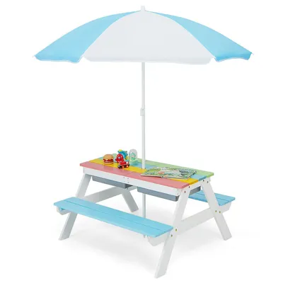 3-in-1 Kids Picnic Table Wooden Outdoor Sand & Water Table Withumbrella Play Boxes