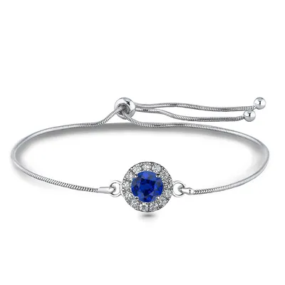 925 Sterling Silver Sapphire & 0.10 Cttw Canadian Diamond Halo Bolo Bracelet
