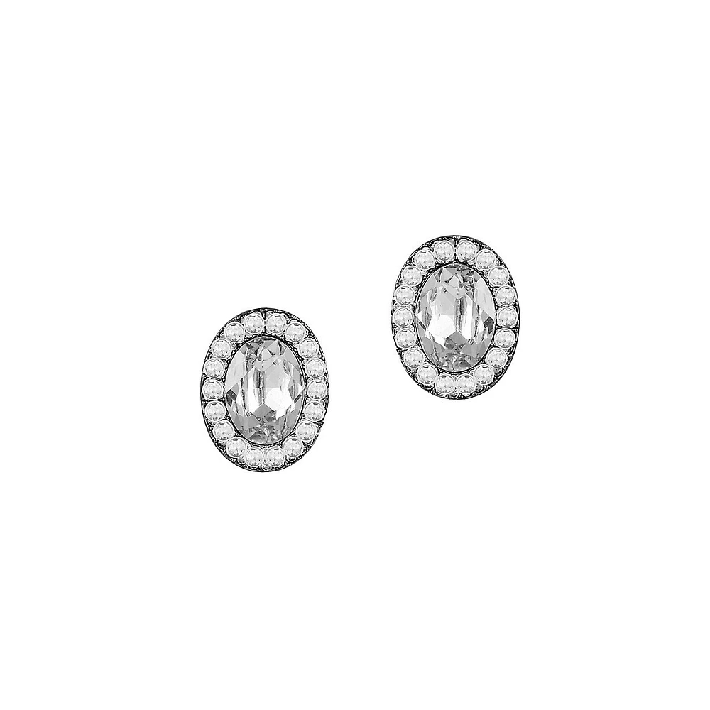 Silvertone & Cubic Zirconia Fancy Oval Clip Earrings