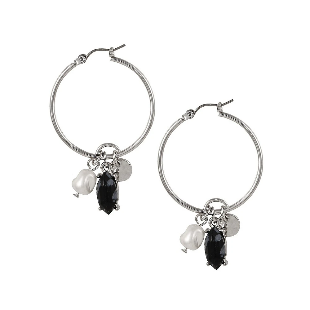 Fall Awakenings Silvertone & Snowflake Obsidian Charm Hoop Earrings