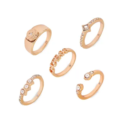 Pretty Pearl Logo 5-Piece Goldtone Glass Stone & Acrylic Pearl Stacker Ring Set