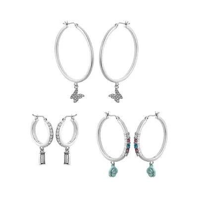 Spring Love 3-Pair Silvertone & Blue Glass Stone Butterfly & Flower Charm Hoops Set