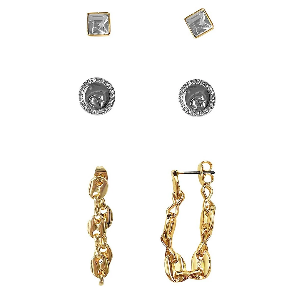 Lavish Links & Logos 3-Pair Two-Tone & Crystal "G" Logo Earring Set