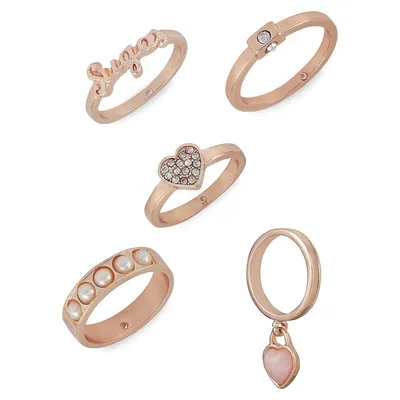 So Lovely 5-Piece Rose-Goldtone & Crystal Hearts Stacker Ring Set