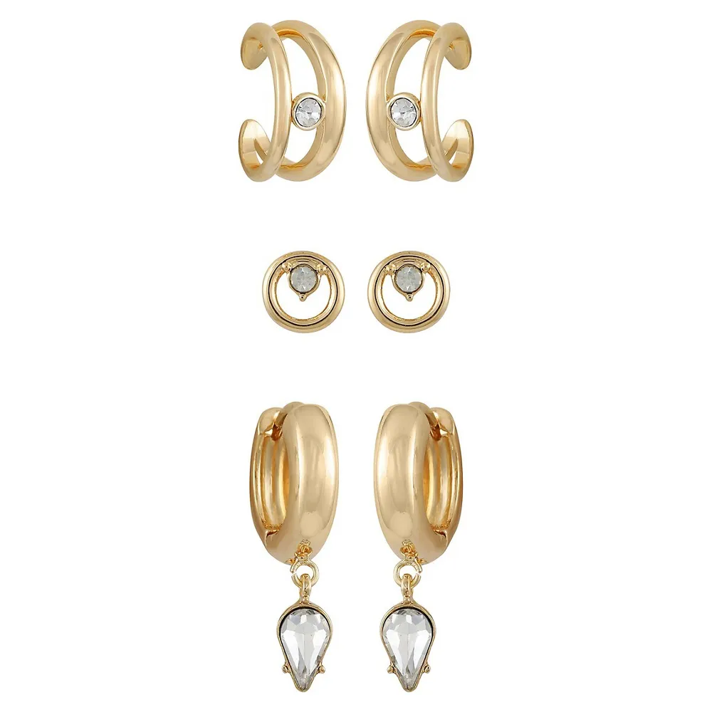 Floating Forms 3-Pair Goldtone & Crystal Cuff Earring Set