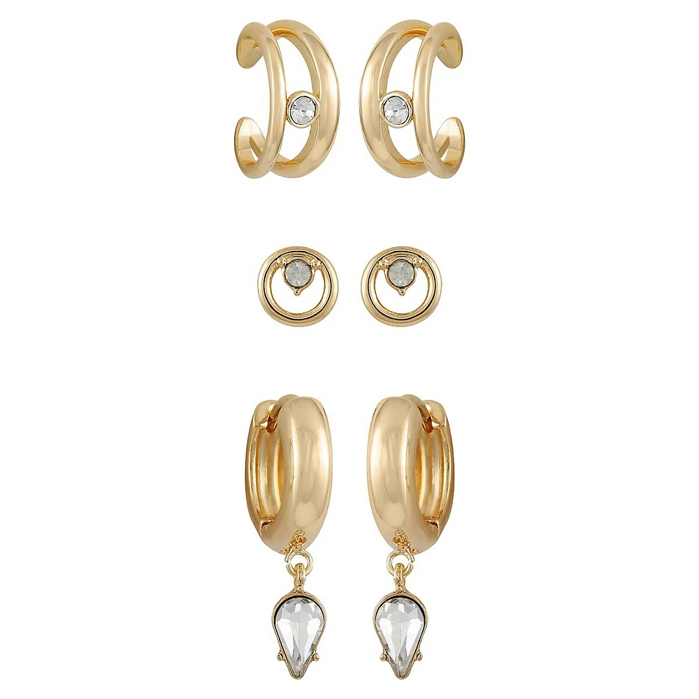 Floating Forms 3-Pair Goldtone & Crystal Cuff Earring Set