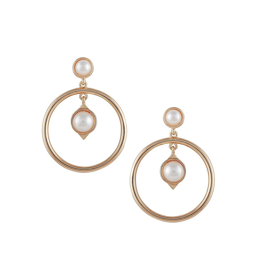 Goldtone & Faux Pearl Hoop Earrings