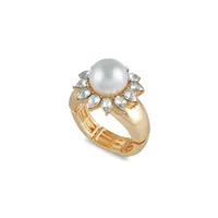Goldtone, Faux Pearl & Crystal Stretch Ring