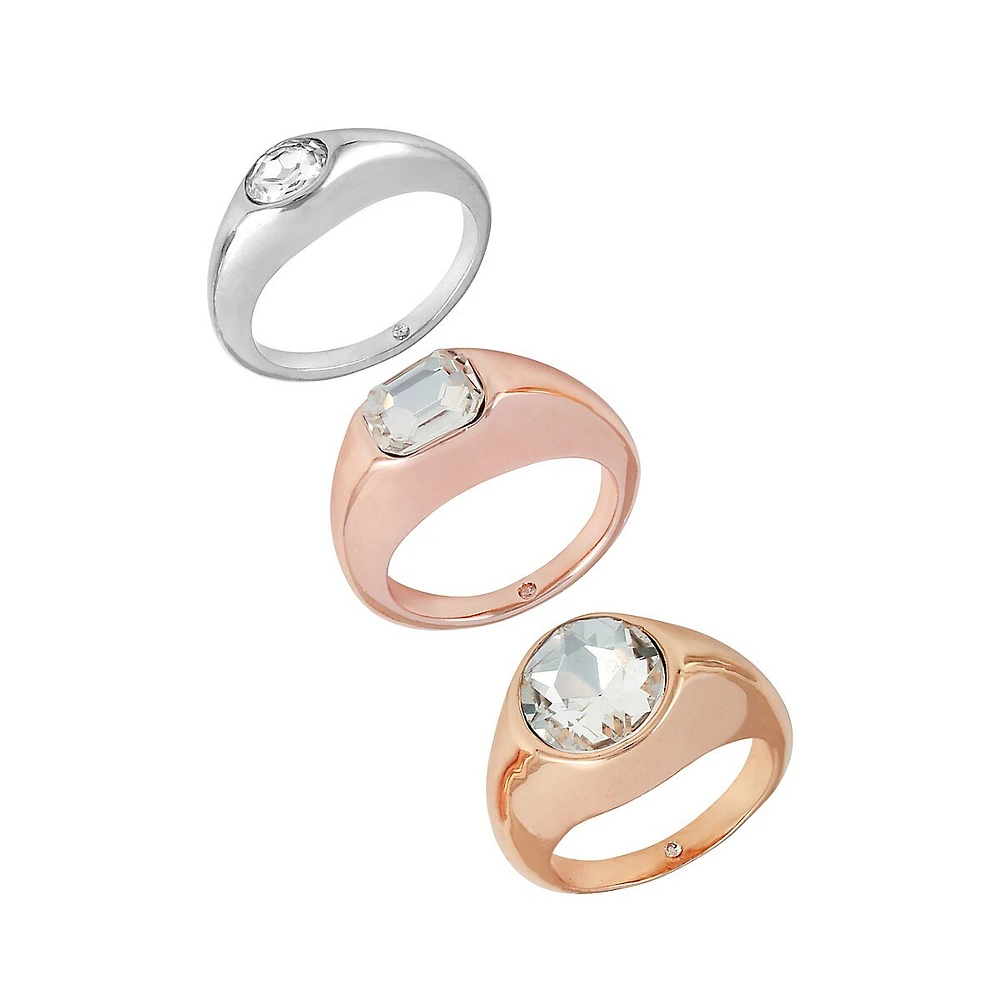 3-Piece Three-Tone & Crystal Ring Set