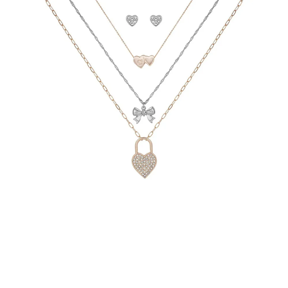 Two-Tone & Crystal Trio Layered Necklace Set