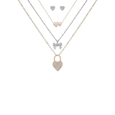 Two-Tone & Crystal Trio Layered Necklace Set