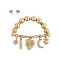 Goldtone & Crystal Stretch Bracelet &Stud Set