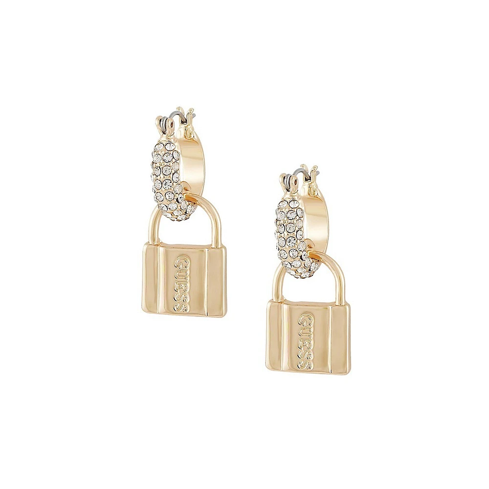 Got It On Lock Goldtone & Clear Stone Padlock Huggie Hoop Earrings