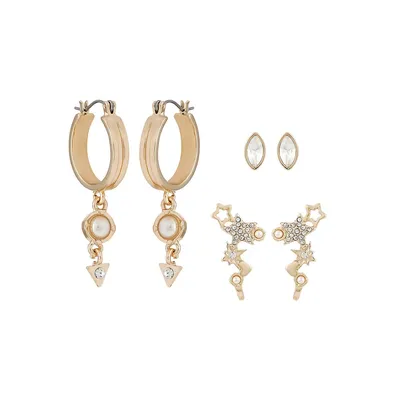 Elevated Celestial 3-Pair Goldtone & Clear Stone Earring Set