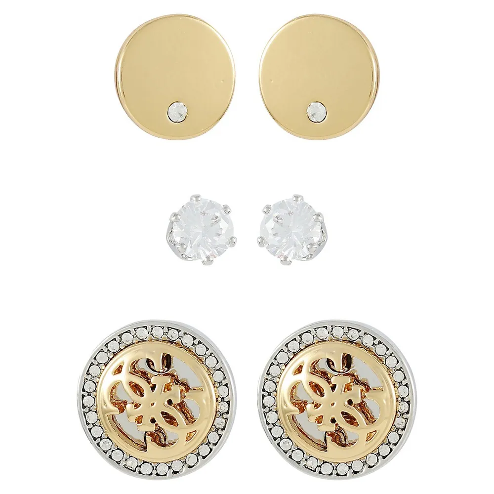 Extravagant Logo 3-Piece Trio Two-Tone Earrings Set