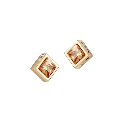 Goldtone & Cubic Zirconia Square Signature Stud Earrings
