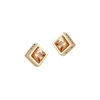 Goldtone & Cubic Zirconia Square Signature Stud Earrings