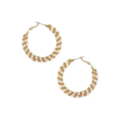 Summer Goldtone & White Bead Hoop Earrings