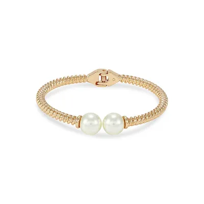 Perfectly Pearl Goldtone & Faux Pearl Hinged Cuff Bracelet