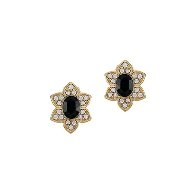 Goldtone And Jet Button Clip-On Earrings