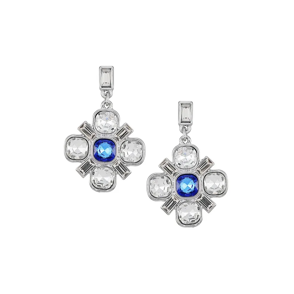 Sparkle In Blue Silvertone & Glass Crystal Floral Drop Earrings