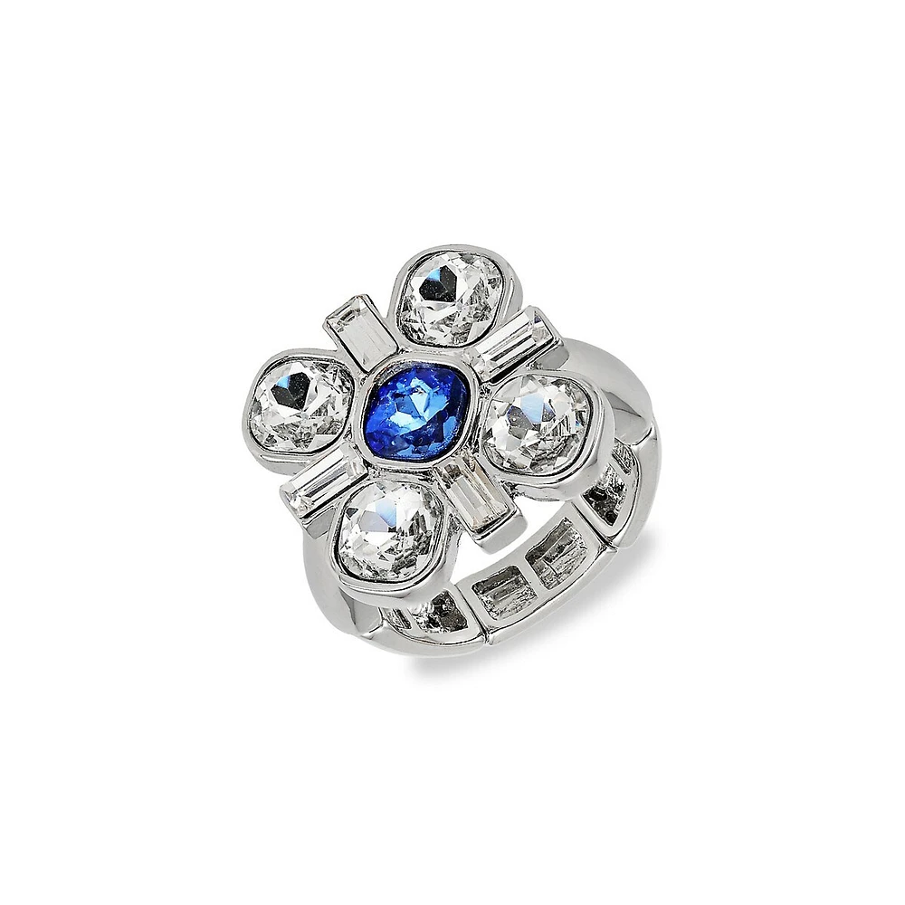 Sparkle In Blue Silvertone & Glass Crystal Floral Stretch Ring