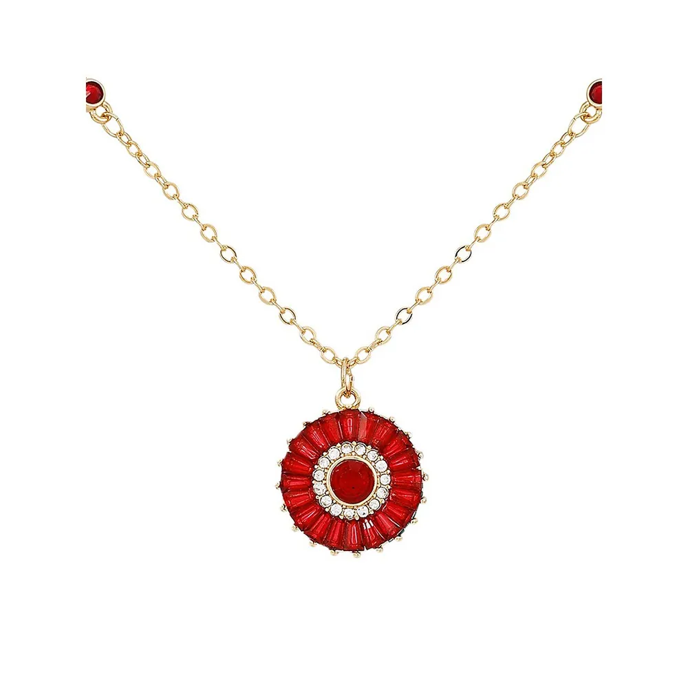 Holiday Sparkle Goldtone and Red Glass Crystal Starburst Pendant Necklace