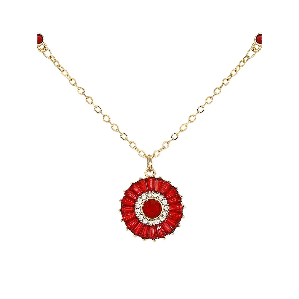 Holiday Sparkle Goldtone, Siam and Glass Crystal Starburst Pendant Necklace