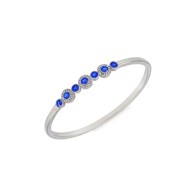 Holiday Sparkle Silvertone and Blue Glass Crystal Hinged Bangle Bracelet