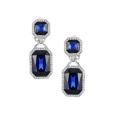Silvertone and Montana Blue Glass Crystal Clip-On Drop Earrings