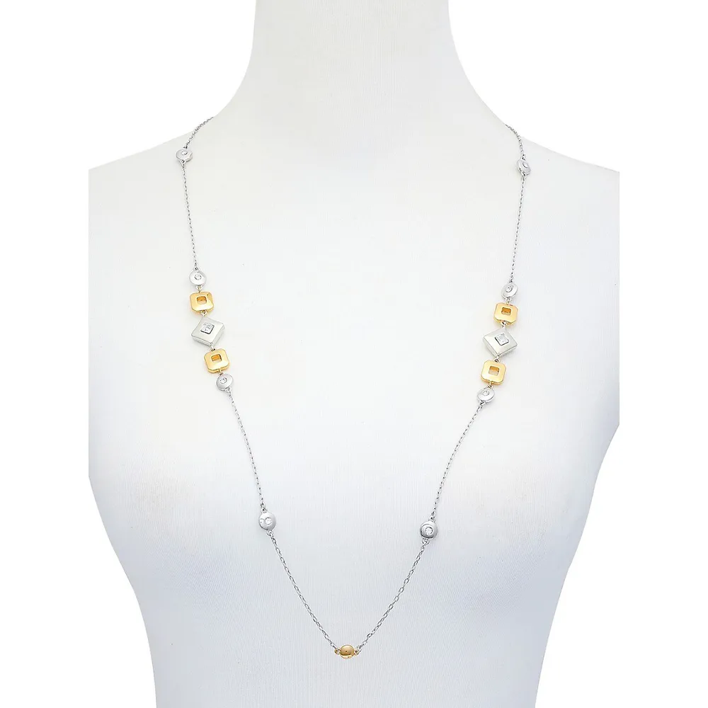 Modern Metals Two-Tone and Glass Crystal Geometric Station Necklace