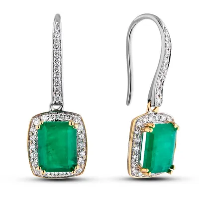 14k Two-toned Gold 4.74 Cttw Emerald & 0.53 Cttw Diamond Halo Dangle Hoop Earrings