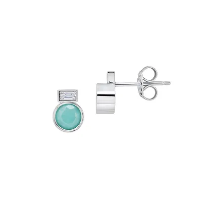 Affordable Luxury Platinum-Finish Sterling Silver, Turquoise & Cubic Zirconia Baguette Stud Earrings