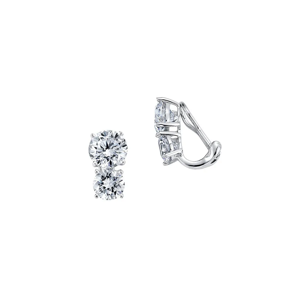 Platinum-Finish Sterling Silver & Cubic Zirconia 2-Stone Clip-On Stud Earrings