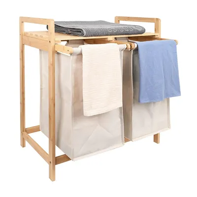 Bamboo Laundry Hamper Sorter Basket With Storage Shelf Large Size Organizer