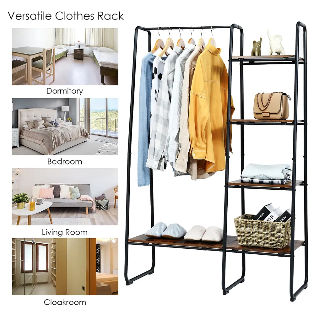 Brown/ Black Wood Industrial Clothing rack with shelves, 5-Tier Clothes  Garment Rack Closet Organizer System with Hanging Rod