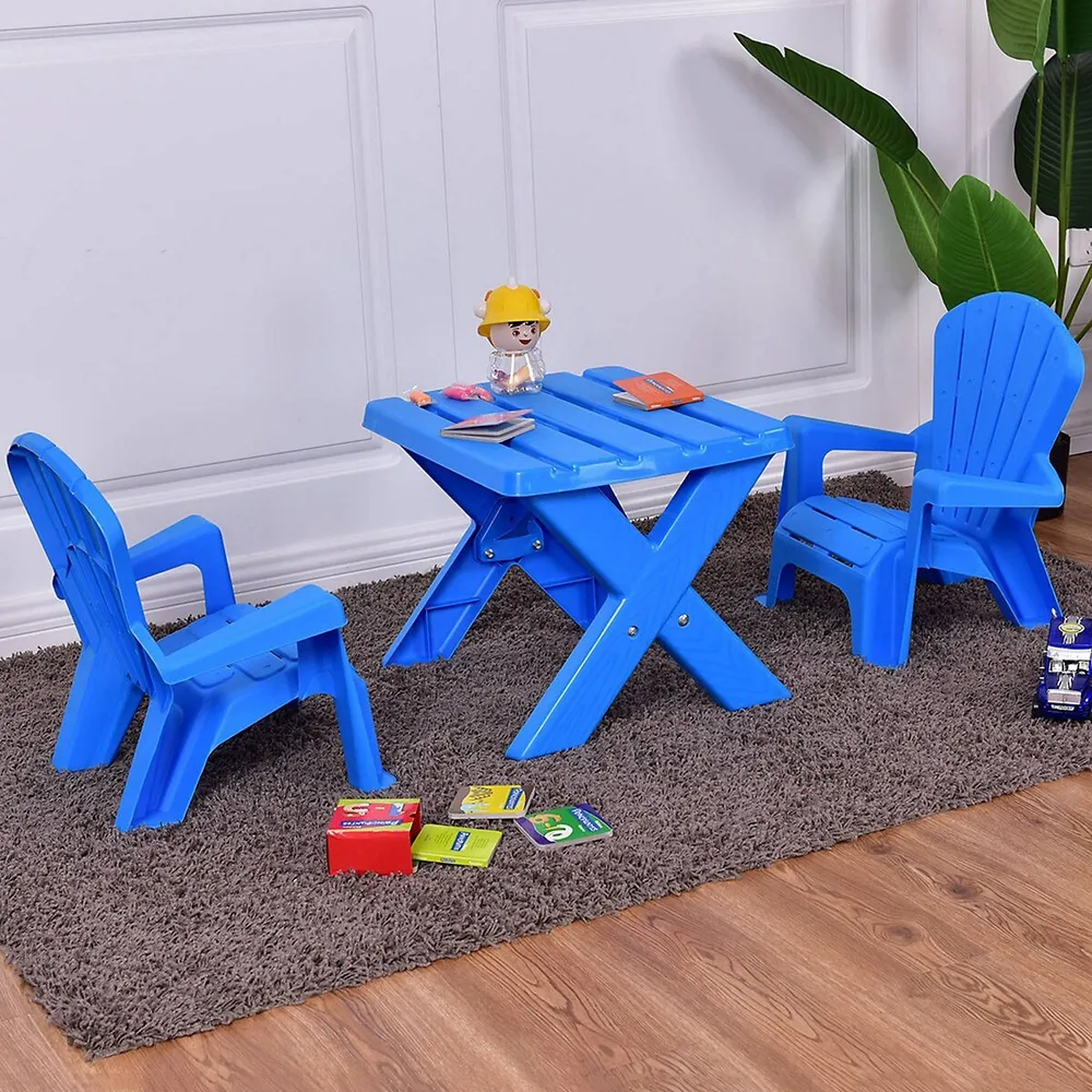 Plastic Children Kids Table & Chair Set 3pcs Play Furniture Outdoor Blue