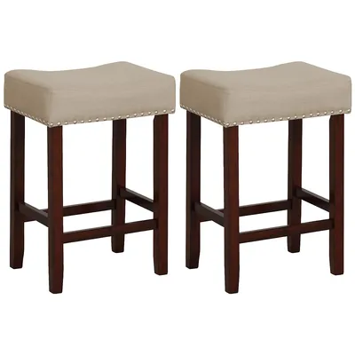 Set Of 2 Bar Stools Counter Height Saddle Kitchen Chairs With Wooden Legs Beige