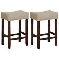 Set Of 2 Bar Stools Counter Height Saddle Kitchen Chairs With Wooden Legs Beige