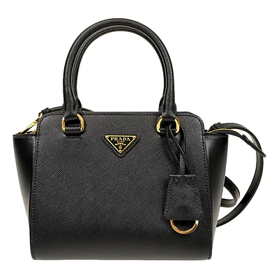 Triangle Logo Black Saffiano Lux Leather Crossbody Tote Bag