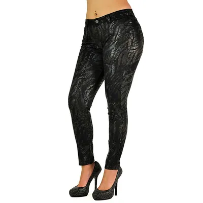 Women's Curvy Fit Black Coated Twill Zebra Print Mid Rise Skinny Jeans