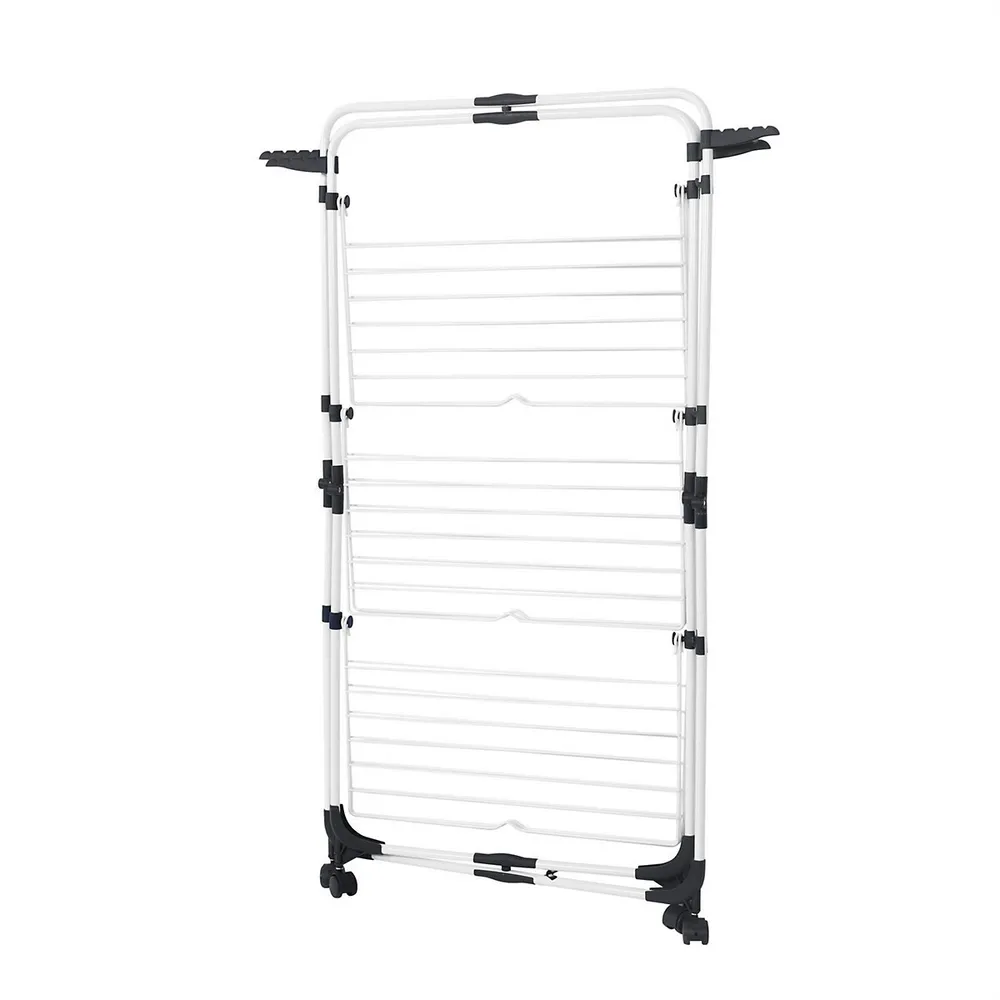 3 Tier Collapsible Laundry Drying Rack Stand, Clothing Garment Drying Station With Wheels And 4 Hooks