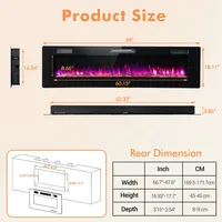 68" Ultra-thin Electric Fireplace Recessed Wall Mounted W/crystal Log Decoration